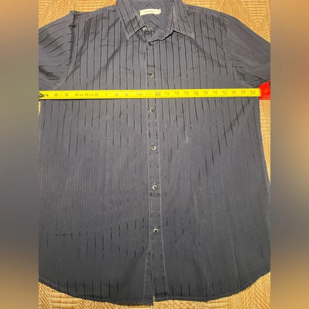 Calvin Klein Men's Dark Blue Striped Button Down Dress Shirt,Size L